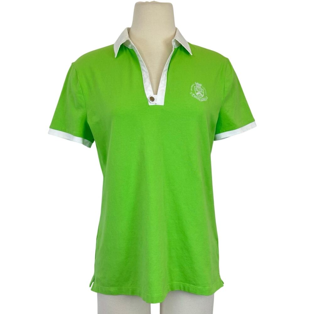 Lauren Ralph Lauren Polo Shirt Classic Fit Top in Lime Green/White Women's M